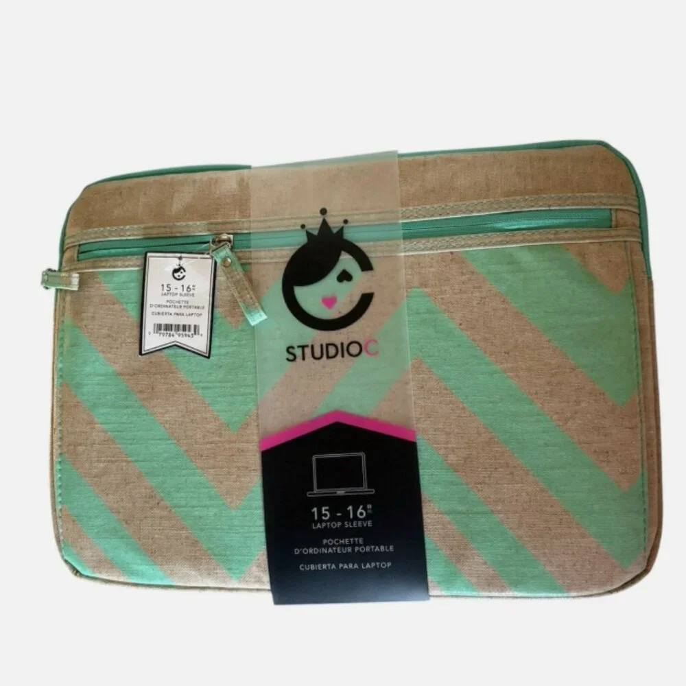 STUDIOC Canvas Chevron Laptop Sleeve Case Green Beige for 15-16 in Laptops